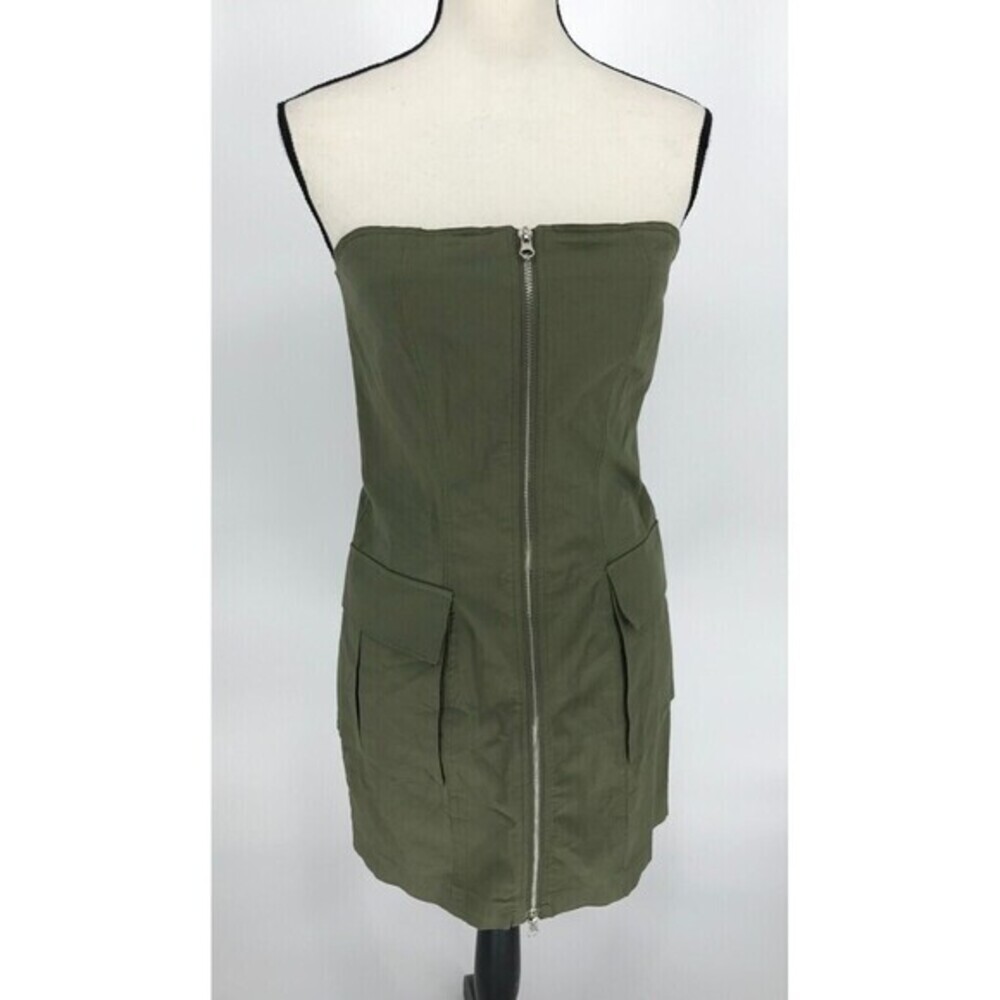 Honey Peach‎ Green Cargo Mini Dress Zip Front Cotton Size S 🔥SALE🔥